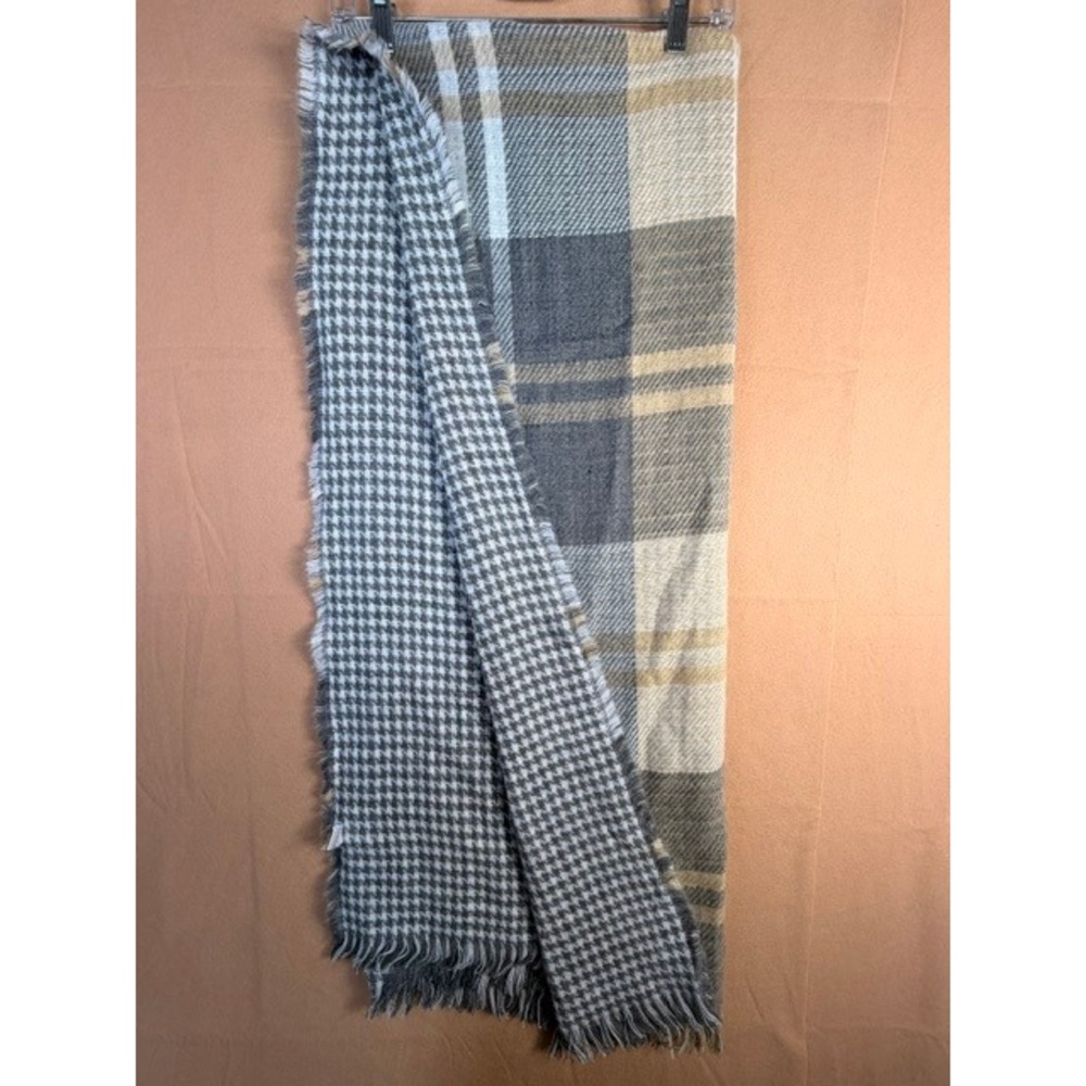 Reversible Plaid Houndstooth Blanket Scarf Gray Tan Oversized Wrap 31x75